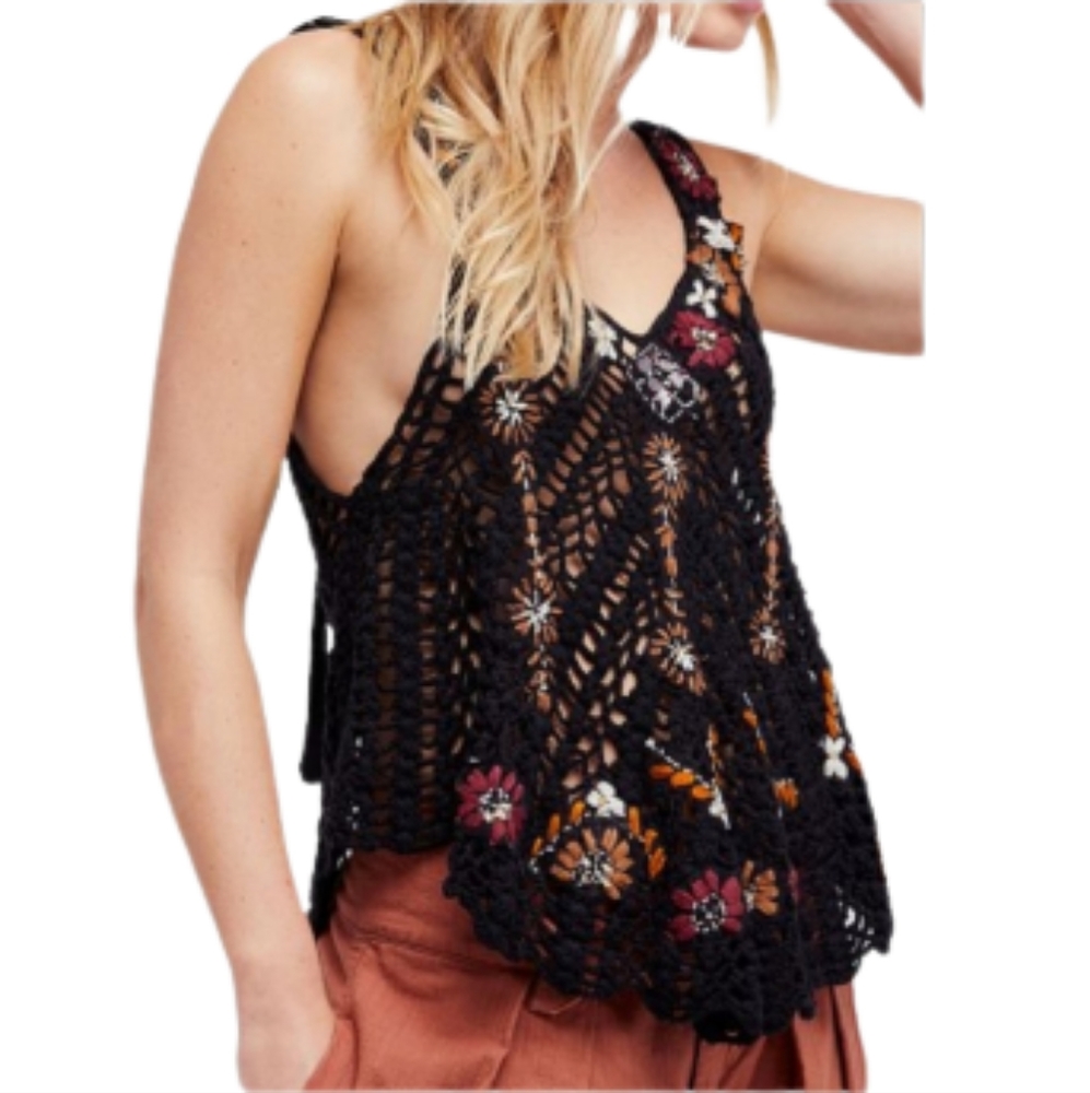 FREE PEOPLE Last Rose Embroidered Crocheted Boho Festival Top NEW
